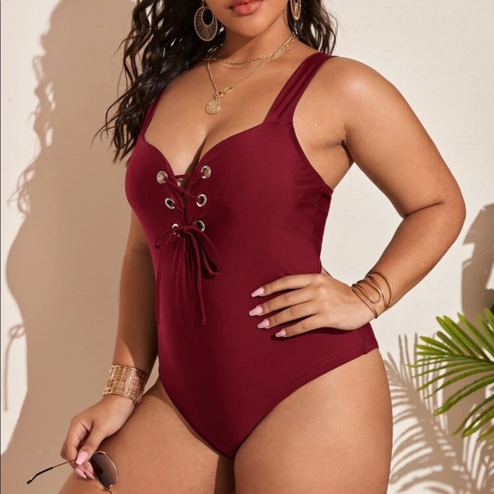 SHEIN Plus Lace-Up Front One Piece Swimsuit